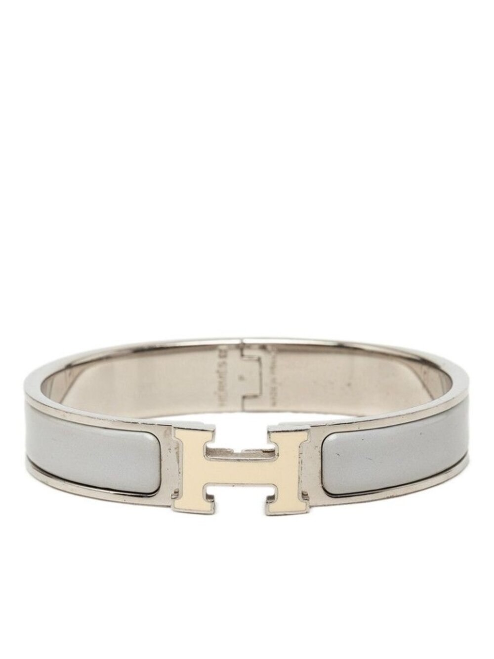 Hermes Clic H GM Enamel Bracelet Bangle Silver Ivory Gray Metal